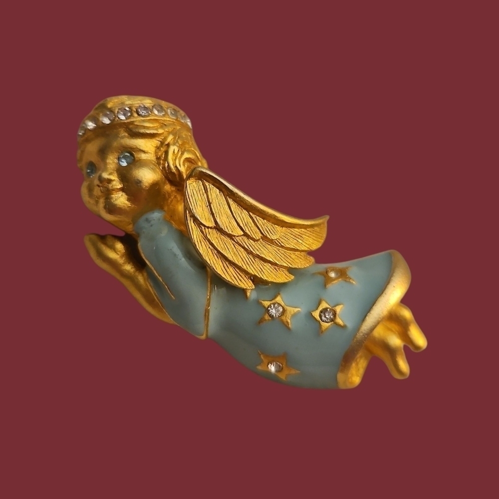 Vintage Goldtone and Mint Cherub Star Angel Brooch